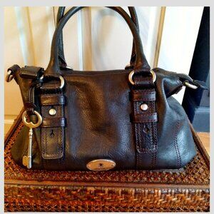 Fossil Black Leather Handbag with Key Charm.